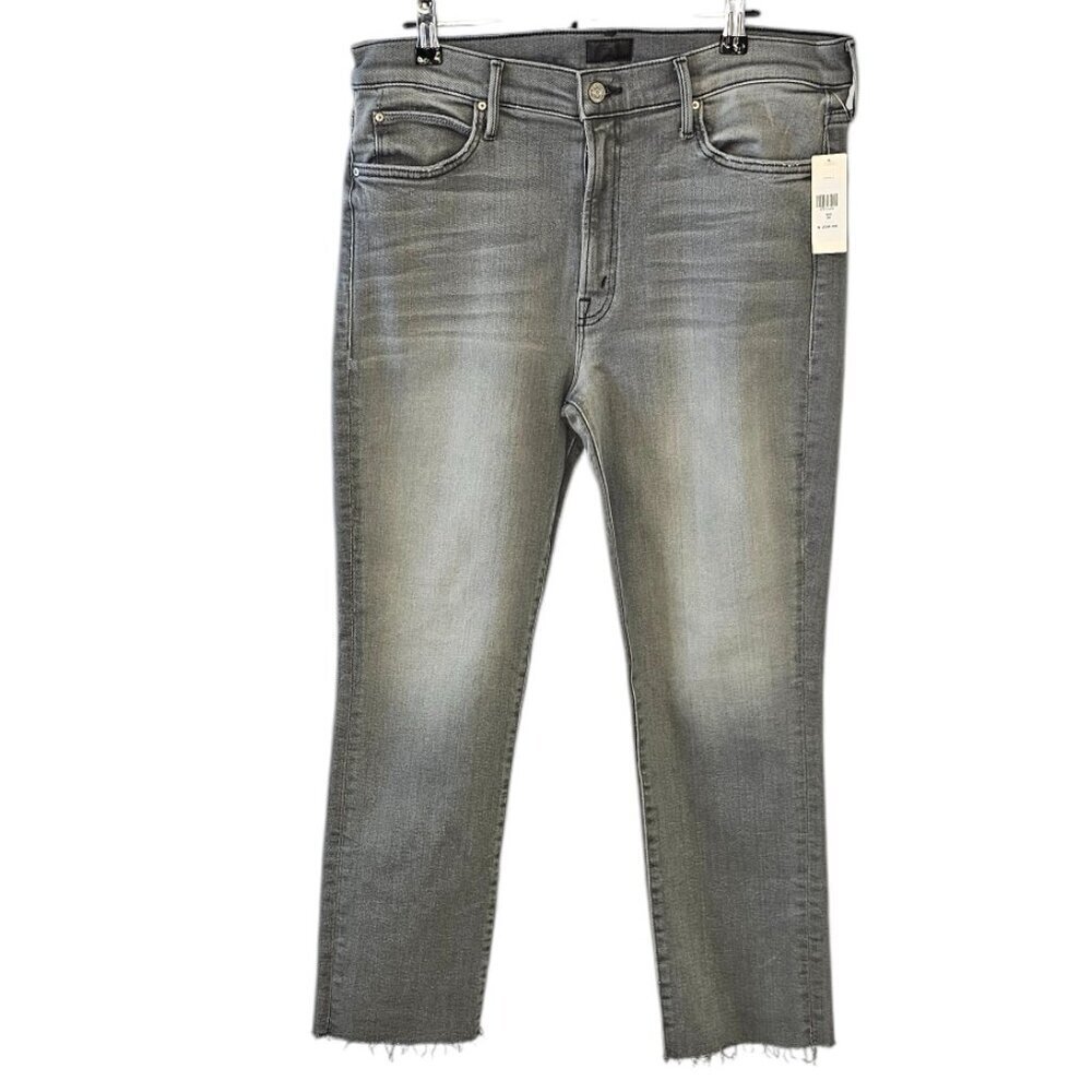 MOTHER The Rascal Mid-Rise Ankle-Fray Jeans, Noted, Grey Wash, Stretch Denim, 34